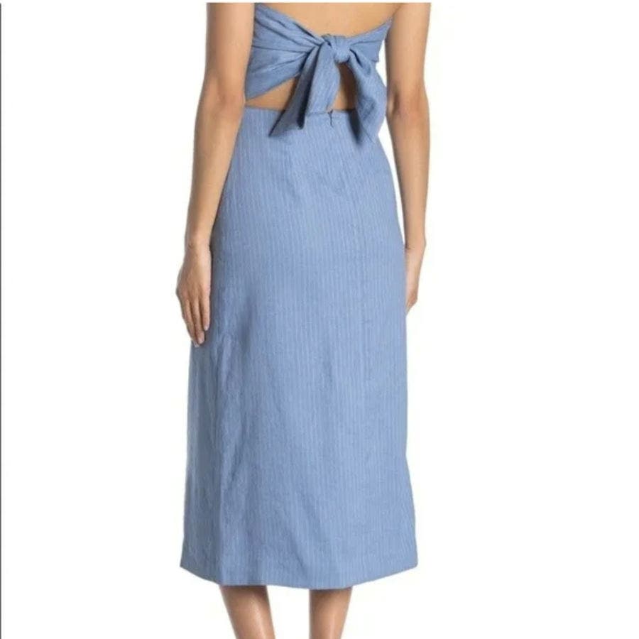 Theory Phyly Blue Strapless Pinstriped Dress Linen Tie Back